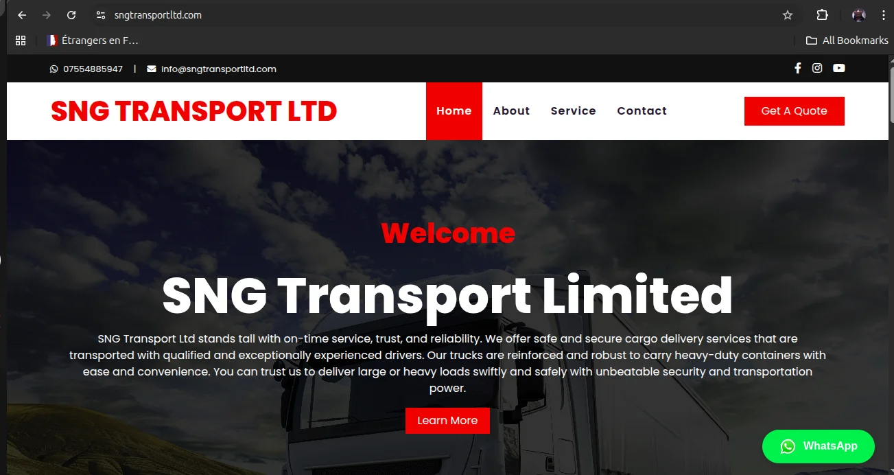 Interface responsive du site vitrine SNG Transport Ltd créé par Web Prodigika